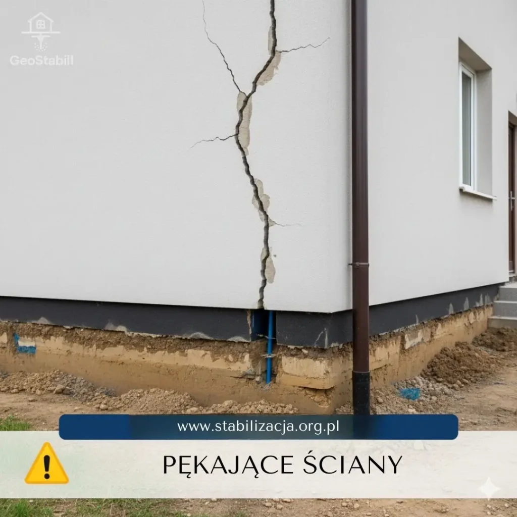 Wzmocnienie fundamentu iniekcjami geopolimerowymi: Diagram procesu stabilizacji gruntu pod osiadającym budynkiem.