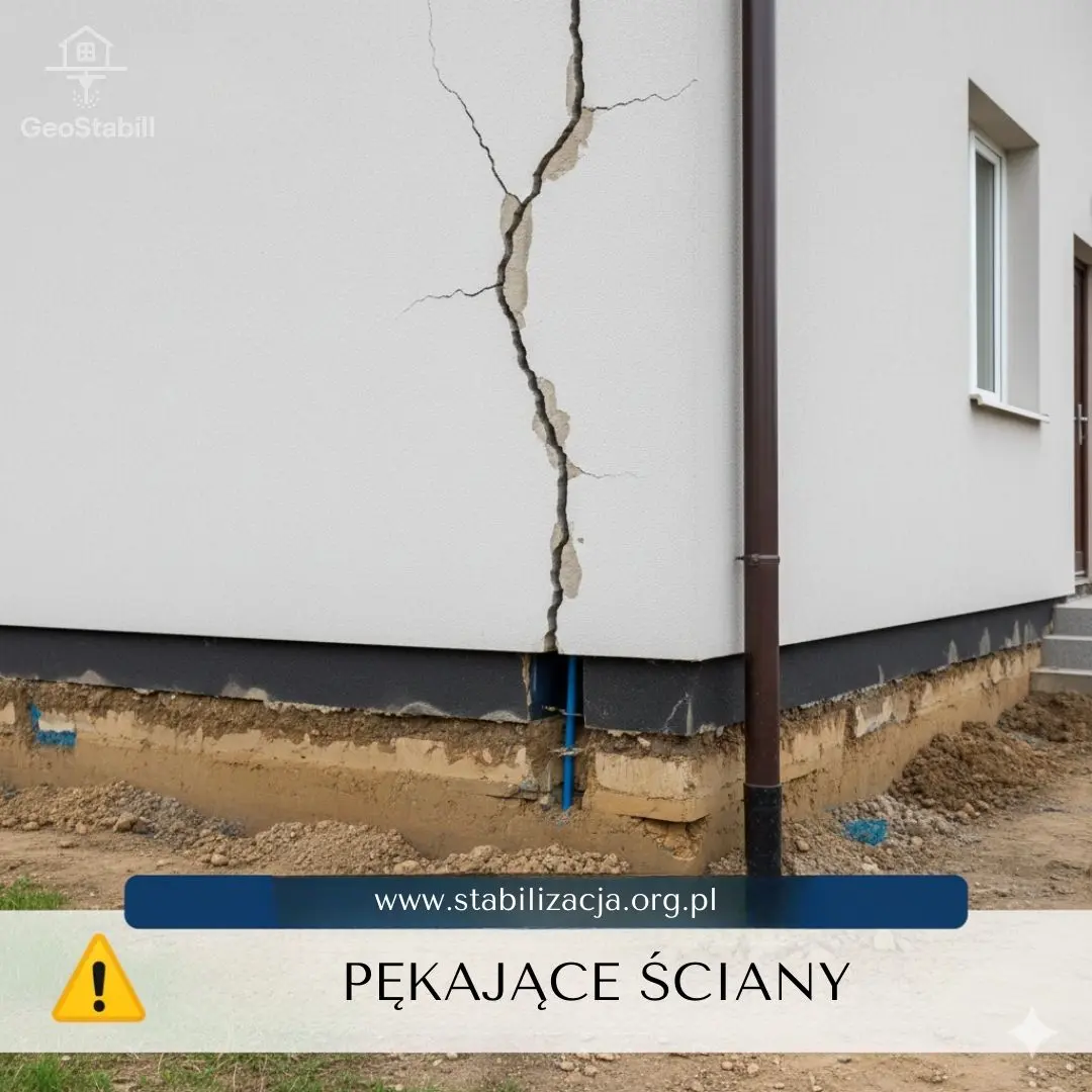 Wzmocnienie fundamentu iniekcjami geopolimerowymi: Diagram procesu stabilizacji gruntu pod osiadającym budynkiem.