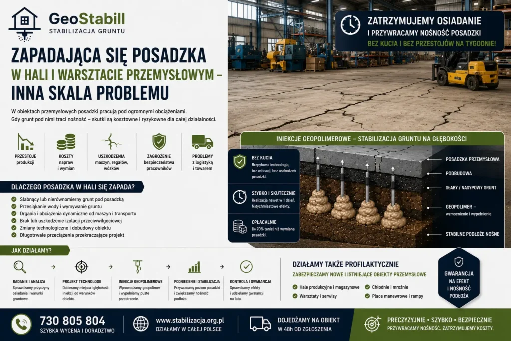 Zapadająca się posadzka w hali i warsztacie przemysłowym — inna skala problemu