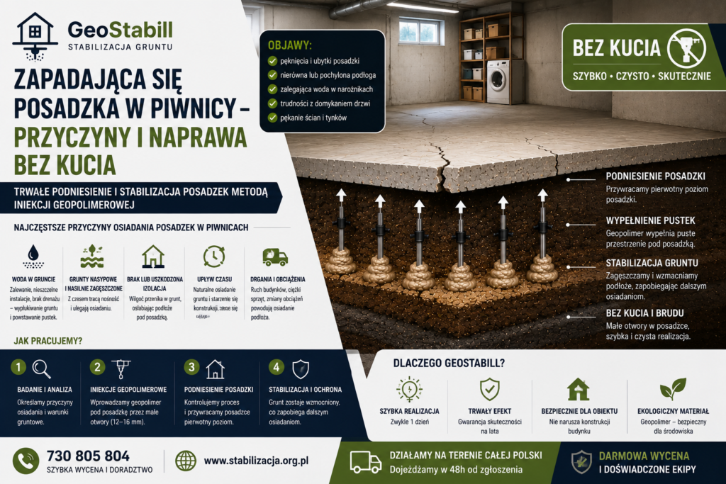 Zapadająca się posadzka w piwnicy — przyczyny i naprawa bez kucia