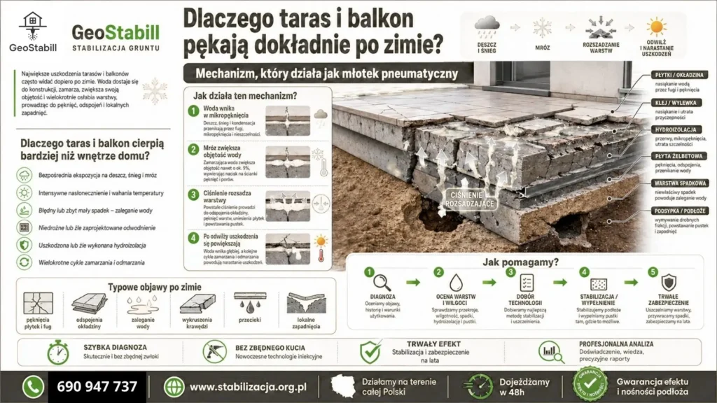 Dlaczego taras i balkon pękają dokładnie po zimie? Mechanizm, który działa jak młotek pneumatyczny