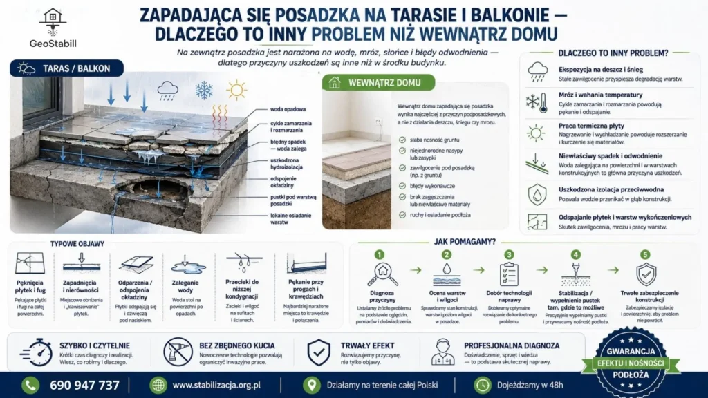 Zapadająca się posadzka na tarasie i balkonie — dlaczego to inny problem niż wewnątrz domu